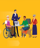Illustration showing a blind person with a guide dog and a wheelchair user at a desk with two Northern employees.