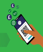 animation of a smartphone purchasing tickets from the Northern Trains app. The smartphone is shown against a green background